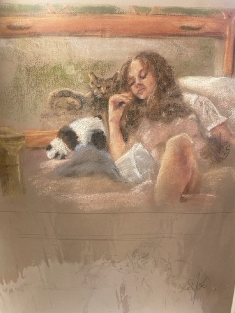 Girl with Cat pastel on paper
